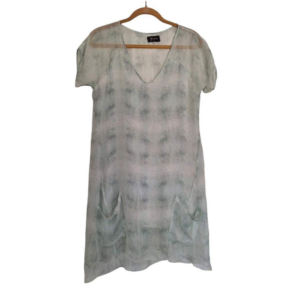 BIYA Johnny Was Silk Abstract White Green Dress S Boho Resort Luxe